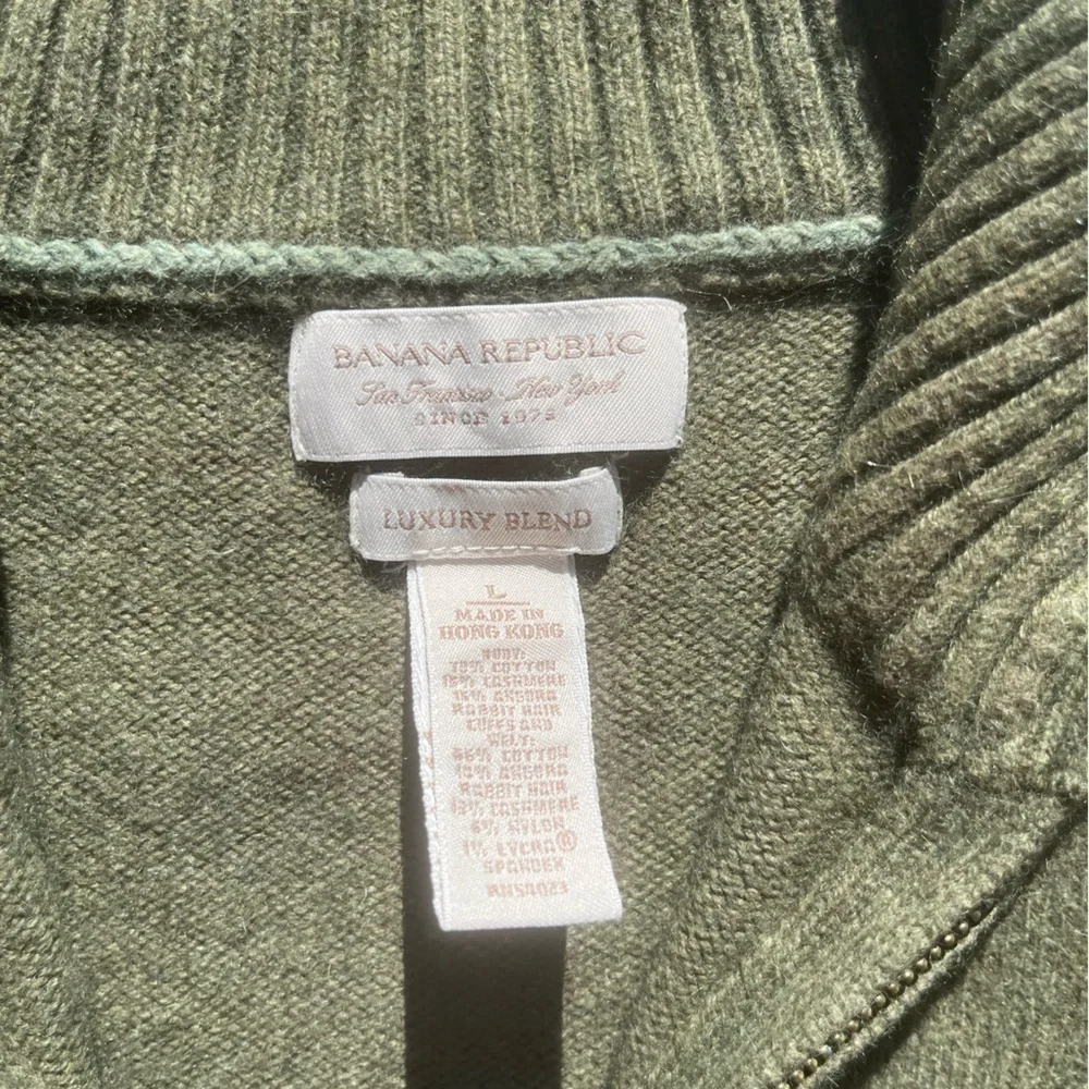 Men's Banana Republic Sweater Green Solid L Preppy Luxury Cashmere Zip HOLE City